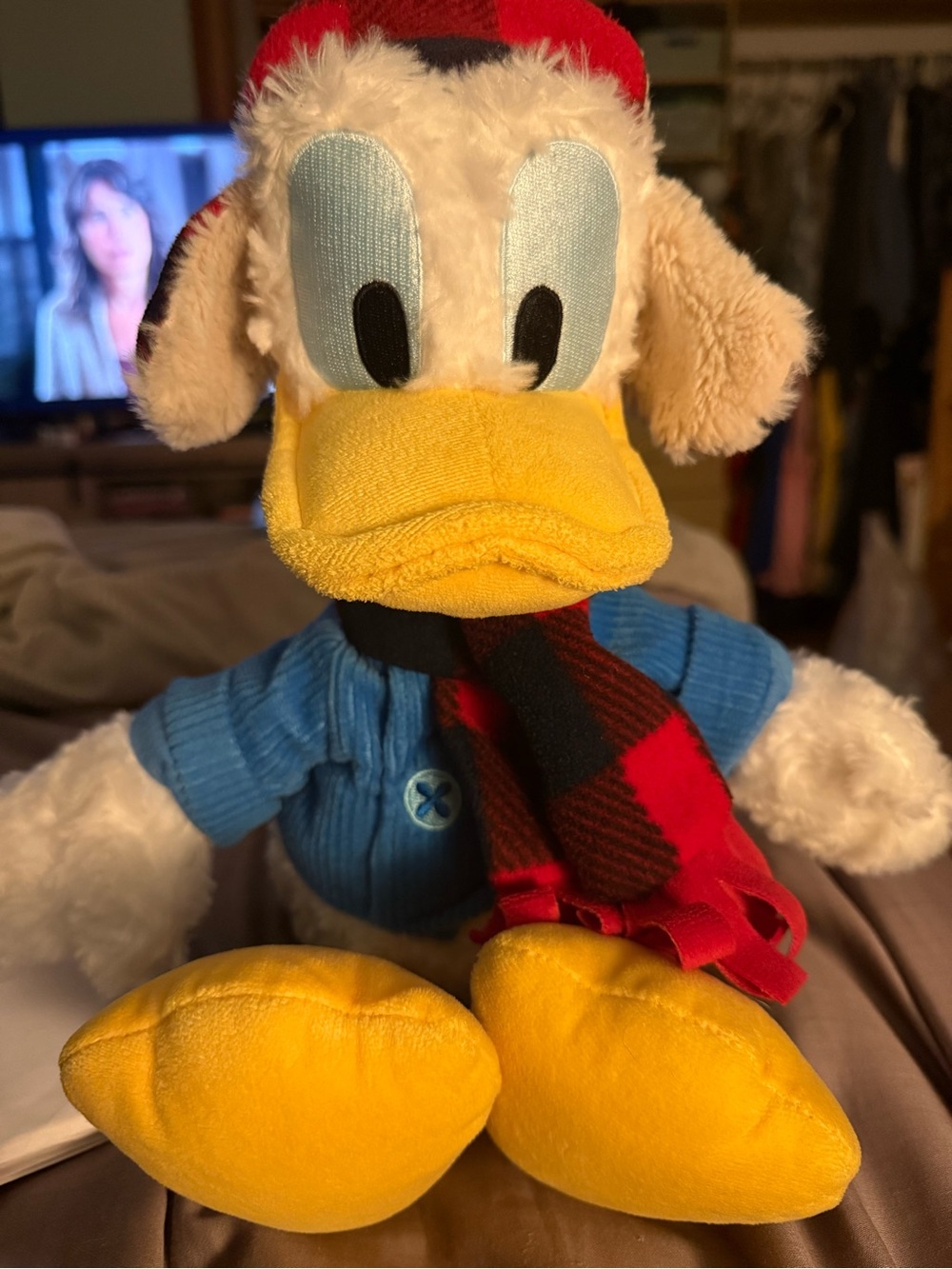Disney Yellow Donald Duck Plush with Blue Sweater and Red Plaid Scarf